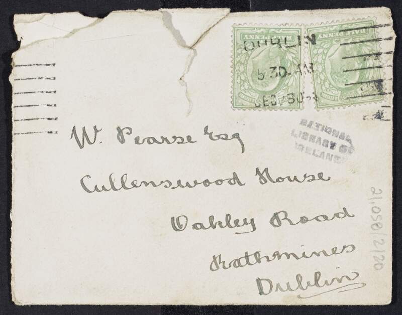 Envelope addressed to William Pearse by Mabel Gorman,