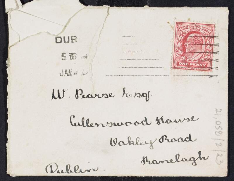 Envelope address to William Pearse by Mabel Gorman, posted from Dublin,