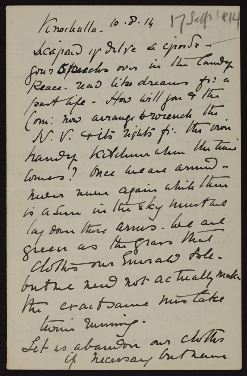 Unsigned letter discussing the National Volunteers, the Irish Volunteers, and who "knows what pact Redmond may make",