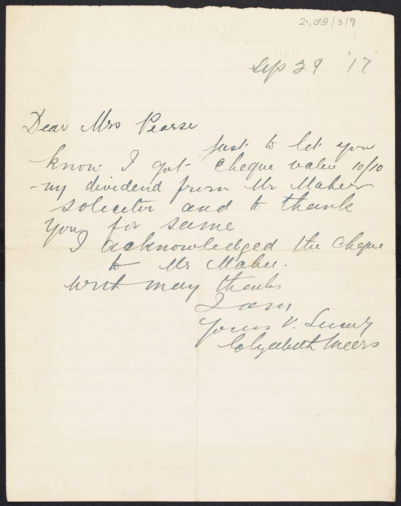 Letter from Elizabeth Meers, Blackrock, Dublin, to Margaret Pearse informing her that she received a cheque from Mr. Maher [solicitor] and has acknowledged it,