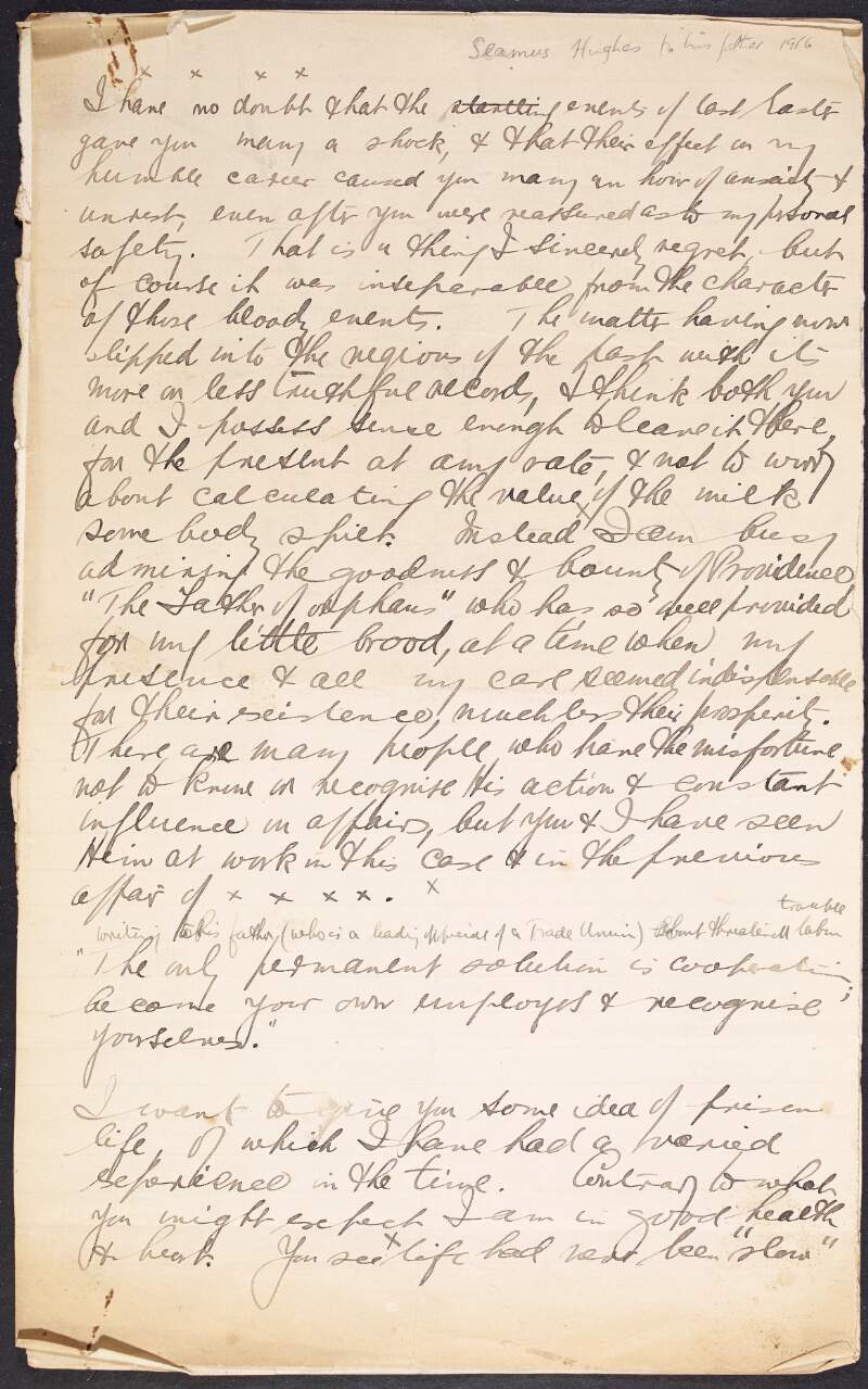 Extracts from letter from Seamus Hughes to his father, James, describing the conditions in Lewes Jail durng his imprisonment after the Easter Rising,