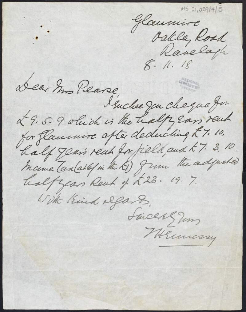 Letter from J. Hennessy, tenant of Glanmire, Oakley Road, Ranelagh to Margaret Pearse enclosing a cheque for half years rent for Glanmire outlining the tax adjustments,