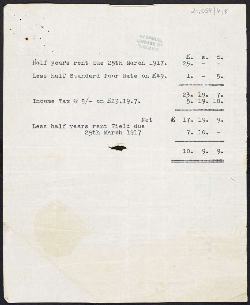 Outline cost of half year's rent of J. Hennessy, tenant of Glanmire, Oakley Road, Dublin due to Margaret Pearse on 25 March 1917, including tax adjustments and less half year's rent of a field,