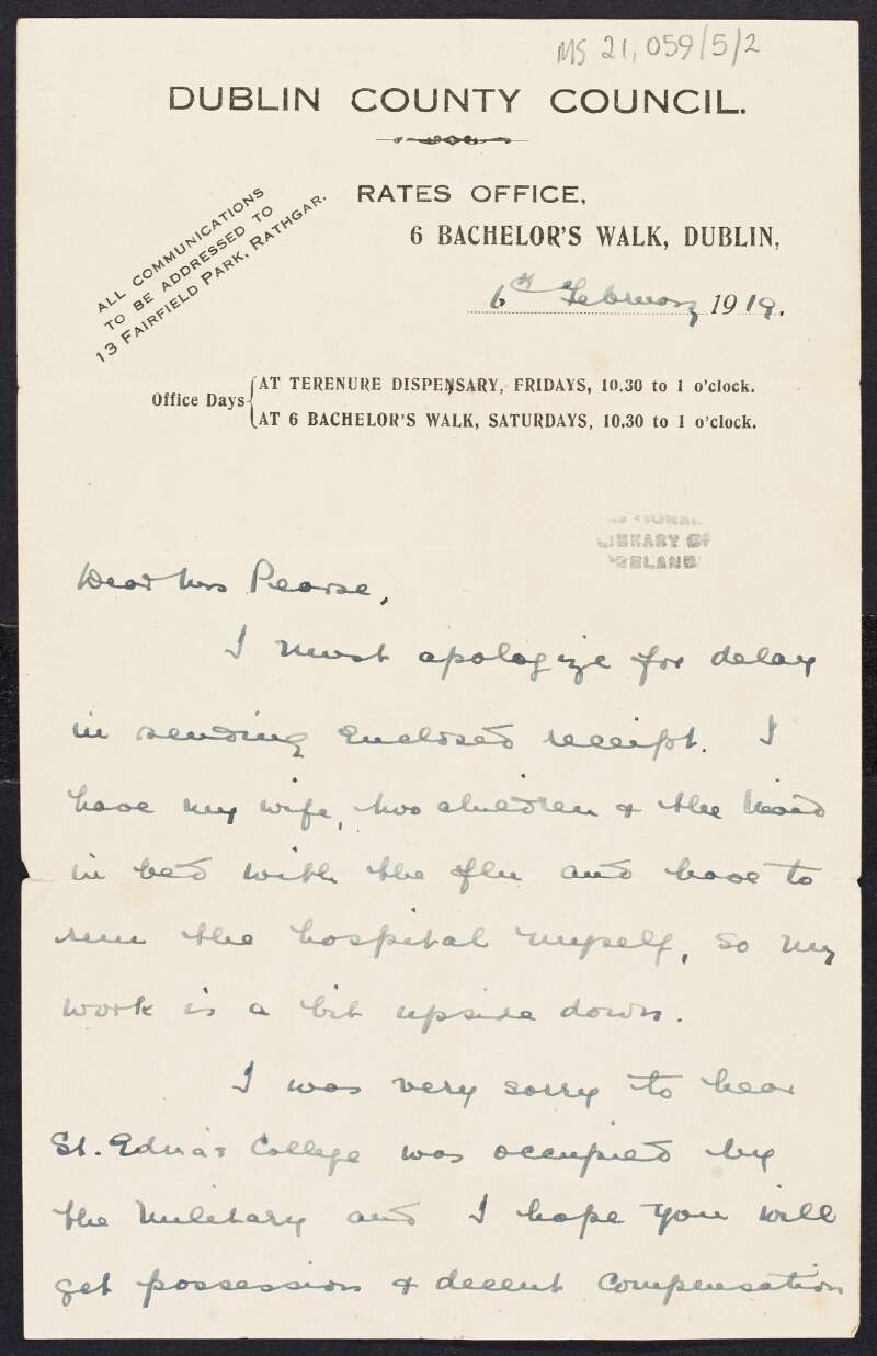 Letter from Donald Whiteside, Rates Office, Dublin City Council, to Margaret Pearse apologising for the delay of the enclosed cheque and expressing his concern after the military occupation of St. Enda's School, hoping it has not upset the school too much,