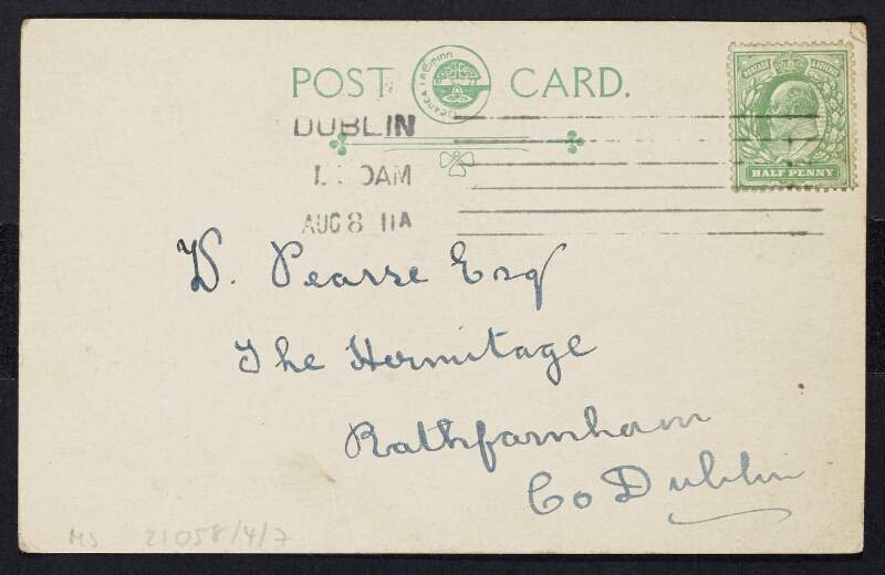 Postcard from Mabel Gorman to William Pearse informing him she is unable to meet him the following day as her mother is going away,