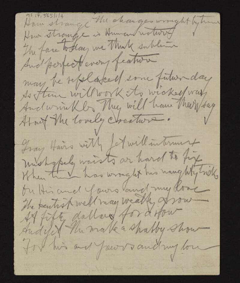 Manuscript of poem 'How strange the changes wrought by time' by unidentified author,