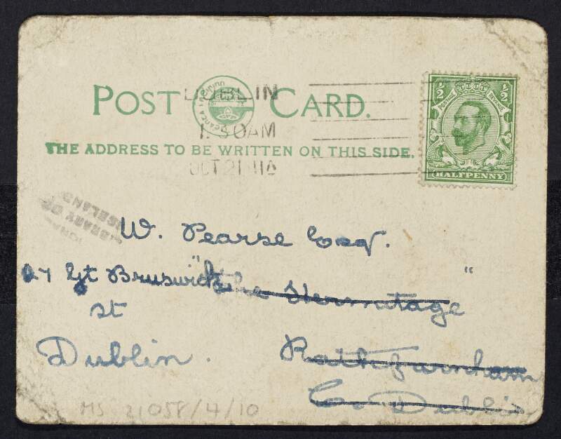 Postcard from Mabel Gorman to William Pearse informing him she will not be able to stay for tea and thanking him on behalf of her mother for the lovely flowers he sent,