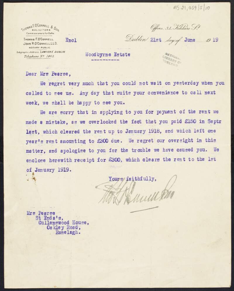 Letter from Thomas F. O'Connell & Son, solicitors, to Margaret Pearse apologising for their mistake related to the amount owed in arrears for rent of the Hermitage, Rathfarnham,