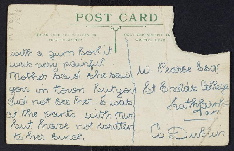 Postcard from Mabel Gorman to William Pearse apologising for not having written and mentioning her catechism exam is soon,