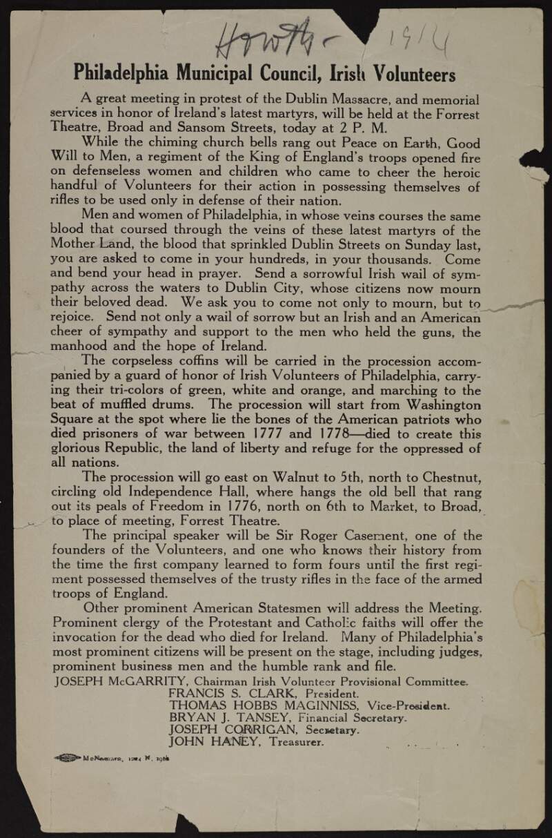Statement by the Philadelphia Municipal Counil, Irish Volunteers, calling a protest march and meeting at Forrest Theatre, Philadelphia, in response to Irish Volunteer causalties of the British Army during the Howth gun-running ,