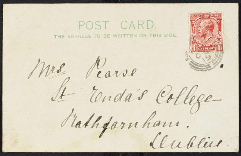 Postcard from Sr. [M. A. B.?], Foxford, Co. Mayo to Margaret Pearse expressing concern that Mrs. Pearse has not yet received a parcel sent on 26th Sept.,