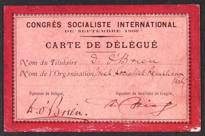 Daniel O'Brien's card as delegate of the Irish Socialist Republican Party at the International Socialist Congress in Paris,