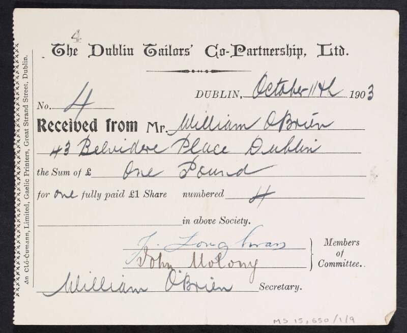 Receipt from the Dublin Tailors' Co-Partnership, Ltd. to William O'Brien for a £1 share,