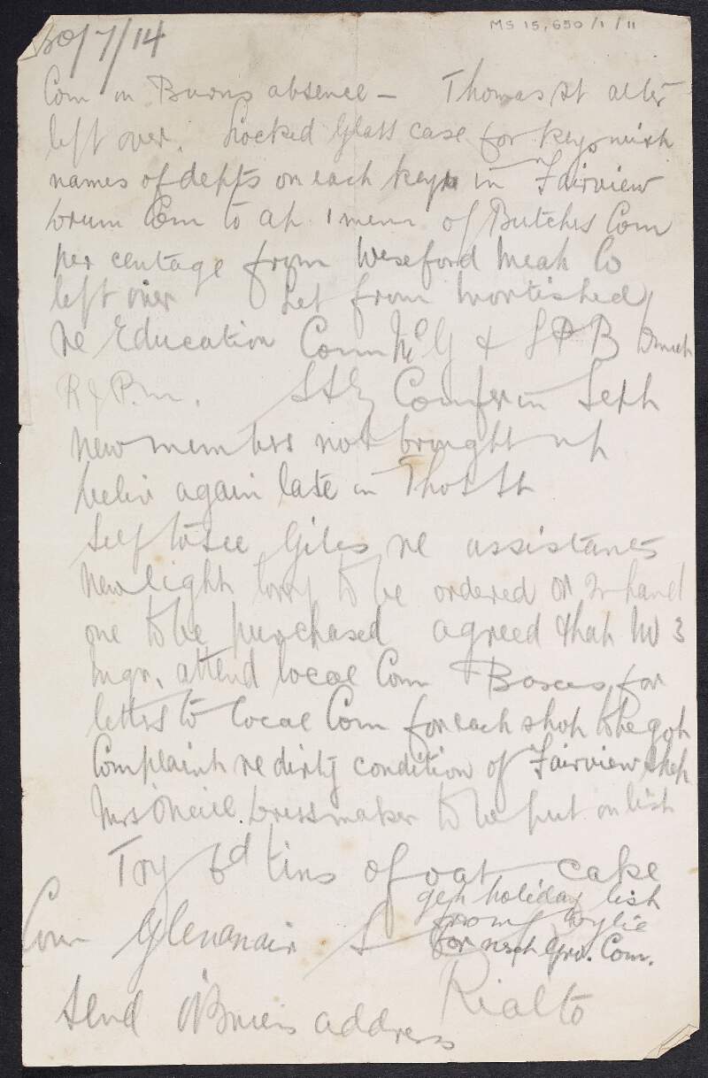 Manuscript rough minutes of a meeting [of the Irish Agricultural Wholesale Society?],