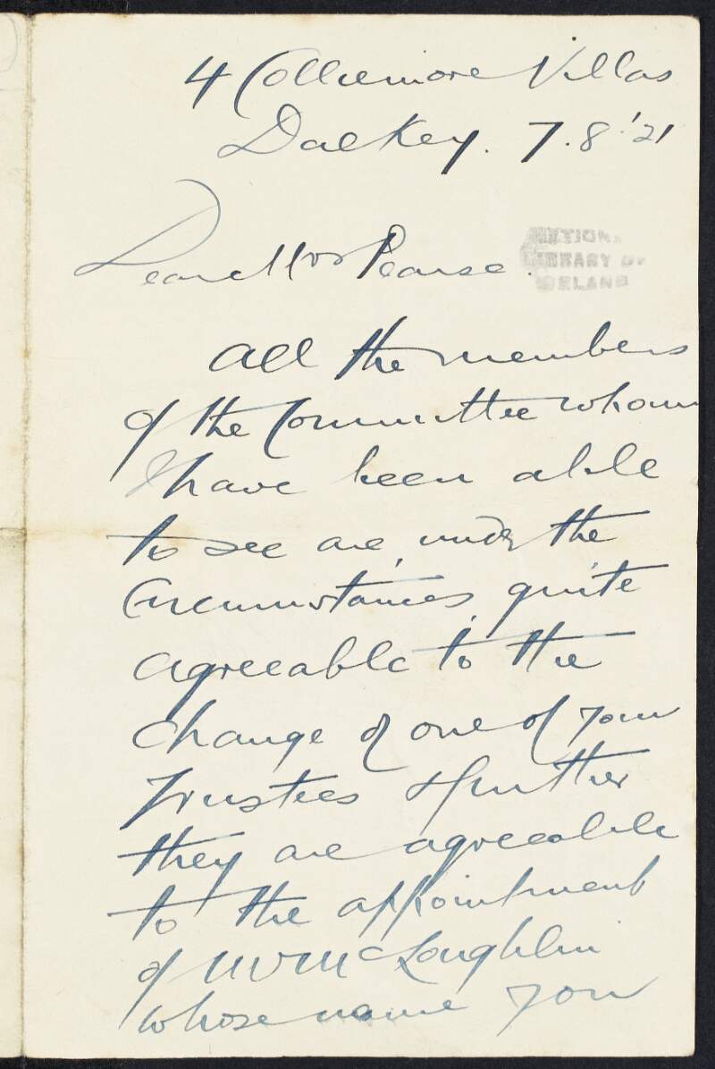 Letter from Thomas Murphy, 4 Colliemore Villas, Dalkey, to Margaret Pearse regarding the approval of an unidentified Committee to the appointment of a new trustee,