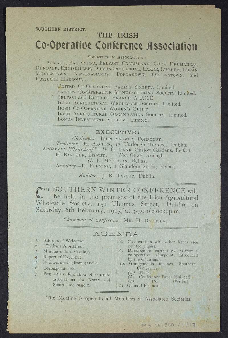 Leaflet advertising the Irish Co-operative Conference Association's 'Southern Winter Conference', with agenda and delegate's ticket,