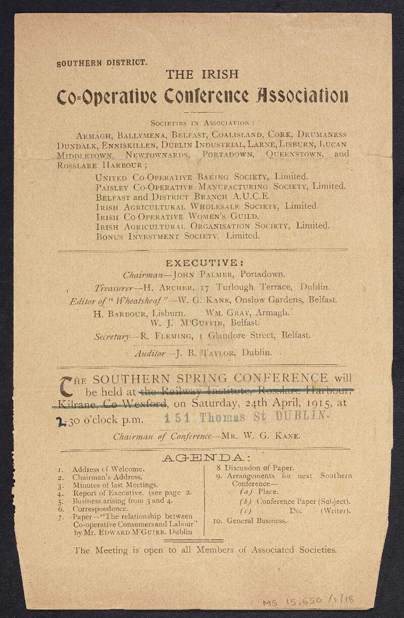 Leaflet advertising the Irish Co-operative Conference Association's 'Southern Spring Conference', with an agenda, the Executive's report and a delegate's ticket,