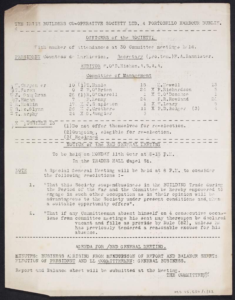 Notice and agenda for a general meeting, and the Committee attendance record, of the Irish Builders' Co-operative Society Ltd.,