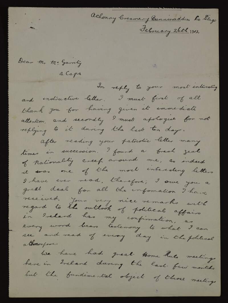 Letter from Thomas O'Grady to Joseph McGarrity regarding Home Rule and the Irish Parliamentary Party and the effects of religious differences,