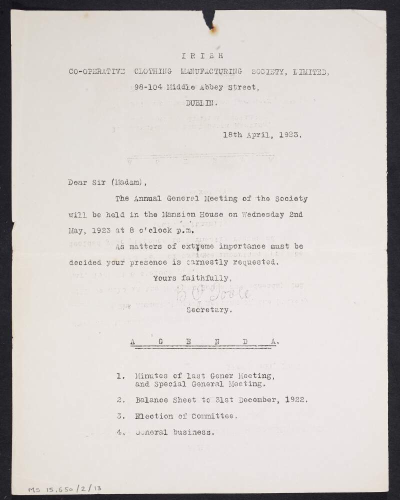 Letter from B. O'Toole, secretary of the Irish Co-operative Clothing Manufacturing Society, to William O'Brien announcing the annual general meeting on 2nd May and enclosing the agenda,