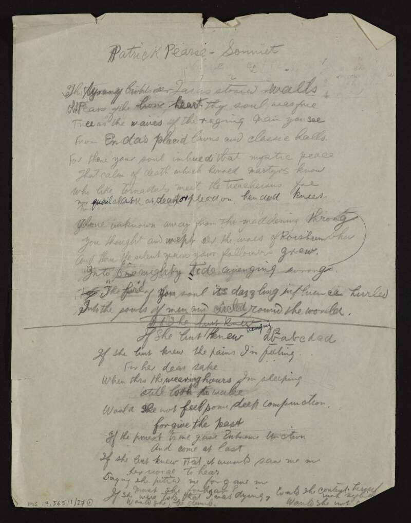 Manuscript of poem entitled 'Sonnet' by Padraic Pearse,