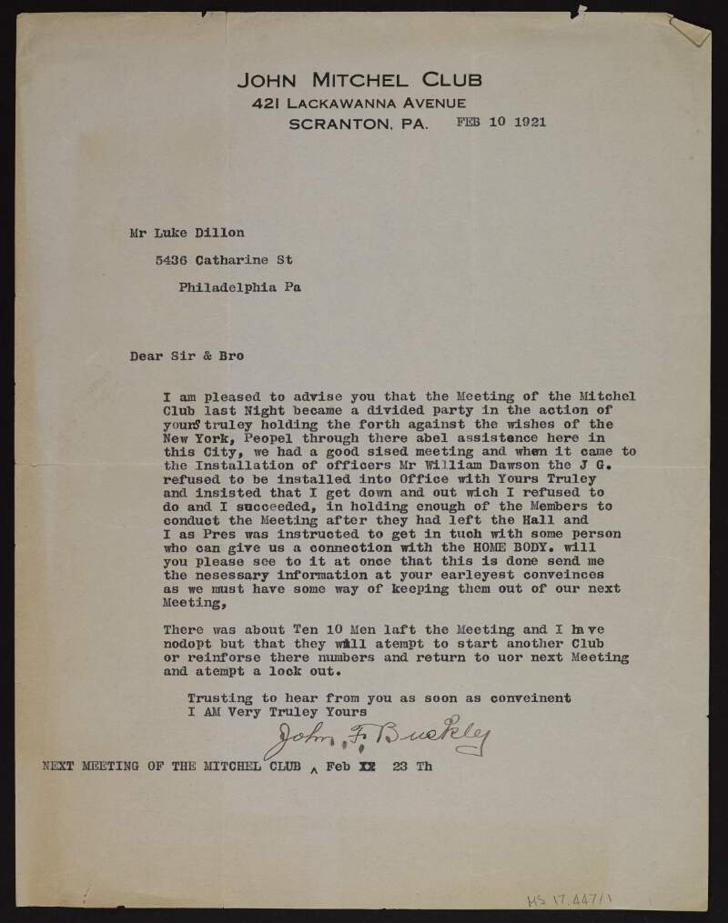 Typescript letter from John F. Buckley to Like Dillon regarding a division within the John Mitchel Club,