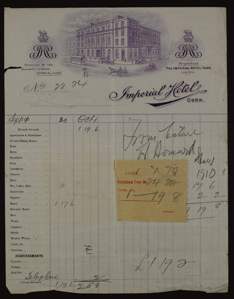 Receipt from the Imperial Hotel, Cork to Joseph McGarrity for accommodation for a lecture by George Bernard Shaw, with handwritten notes on the treatment of pauper children in Ireland on the reverse,