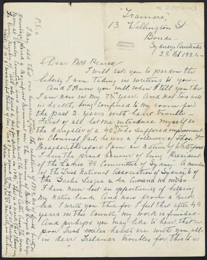 Partial letter from Mary Brown, Sydney, Australia, to Margaret Pearse regarding her involvement with Irish organisations in Australia and discussing politics in Ireland,