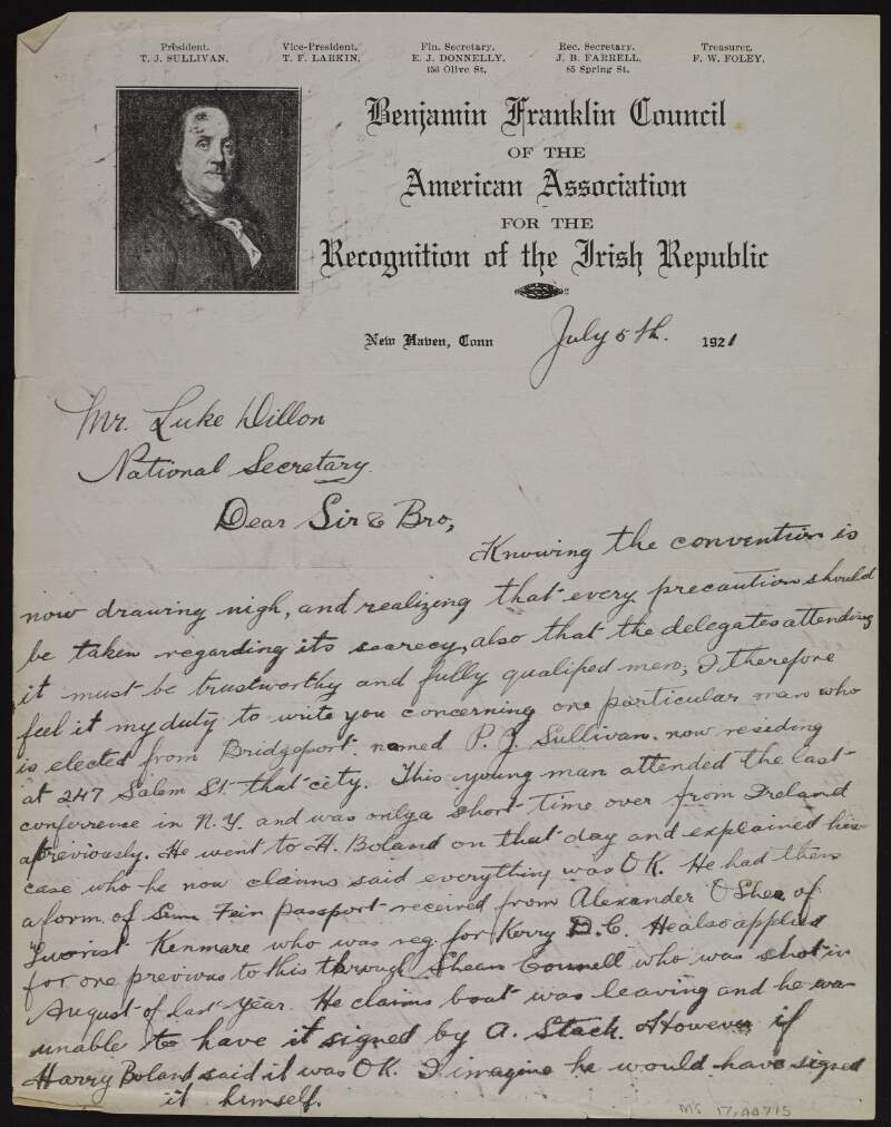 Letter from E. J. Donnelly to Luke Dillon requesting "something official" about P. J. Sullivan following his election as delegate to the Convention,