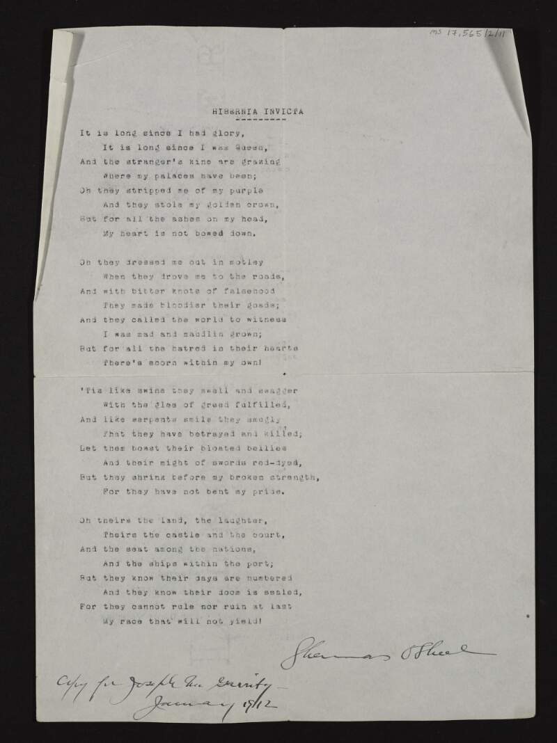 Typescript of poem entitled 'Hibernia Invicta' by Shaemus O'Sheel,