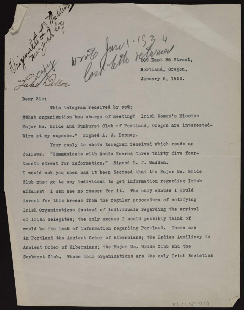 Typescript copy of a letter from Anthony J. Dooney to L. J. Madden forwarded to Luke Dillon regarding the different republican organisations in Portland,