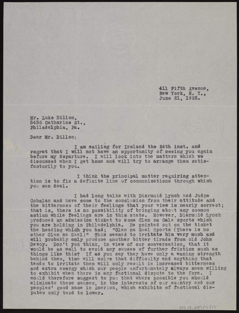 Typescript letter from Dennis McCullough to Luke Dillon regarding factionalism within the organisation,