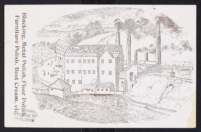 Photocopy of postcard of a drawing of MacMeniman Bros. factory,