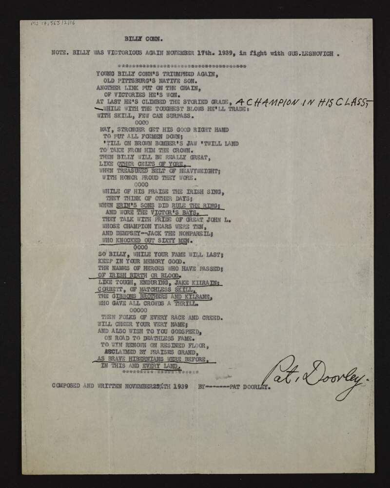 Typescript of poem entitled 'Billy Conn' composed and written by Pat Doorley,