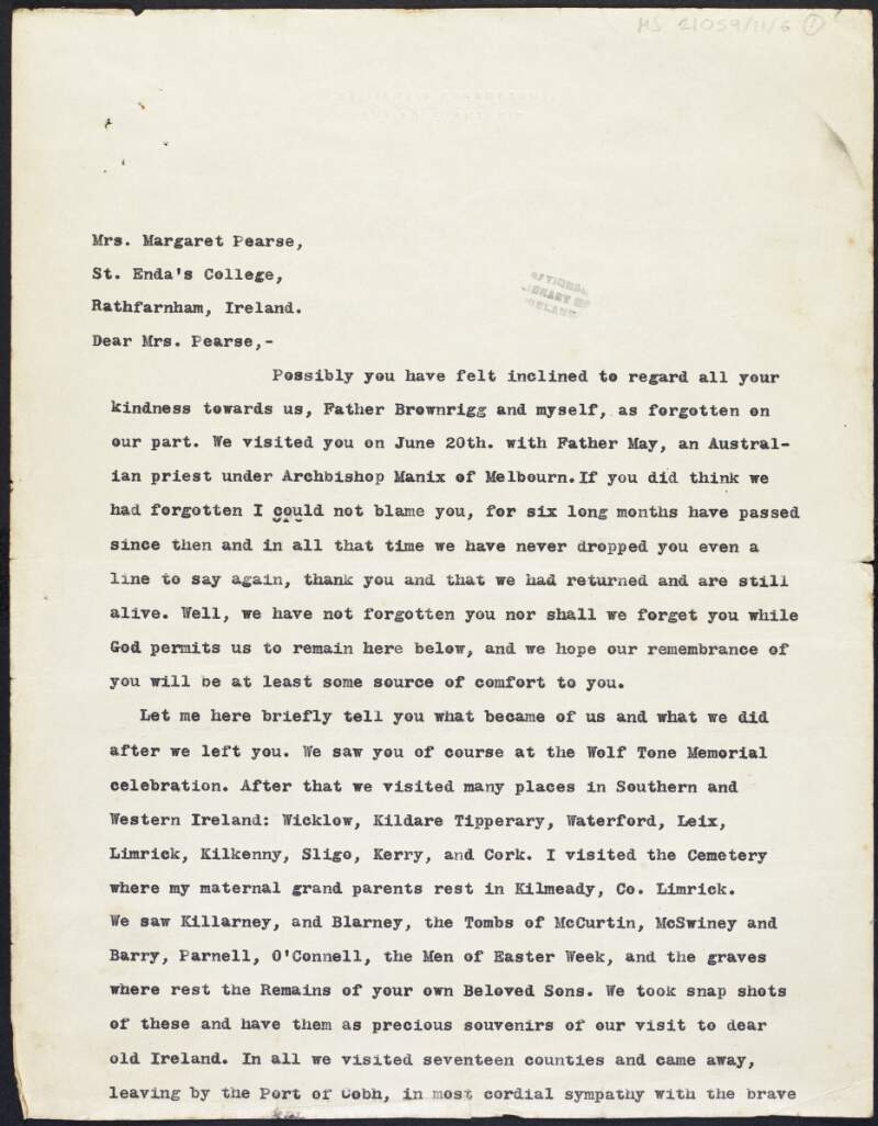 Letter from Monsignor Walter E. Cavanagh, St. Mary's Presbytery, Almonte, Ontario, to Margaret Pearse thanking her for her kindness during his visit and describing the remainder of his tour of Ireland,