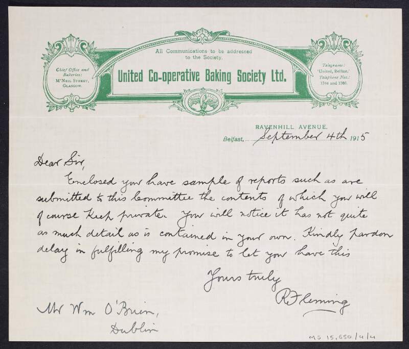 Letter from R. Fleming, United Co-Operative Baking Society Ltd., to William O'Brien enclosing sample reports of the Committee, as per O'Brien's request,