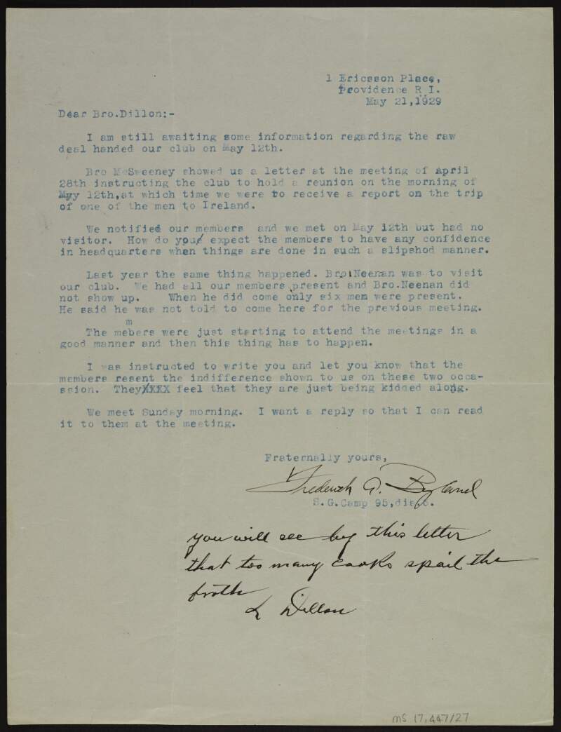 Typescript letter from Frederick G. Byland to Luke Dillon expressing his resentment about broken promises of visits to his club,