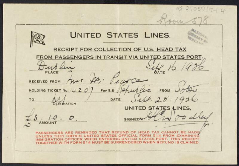 Receipt from the United States Lines Company for the payment of United States Head Tax for Margaret Pearse on her journey from Dublin to the United States, 25 Sept. 1926 on the S.S. Republic,