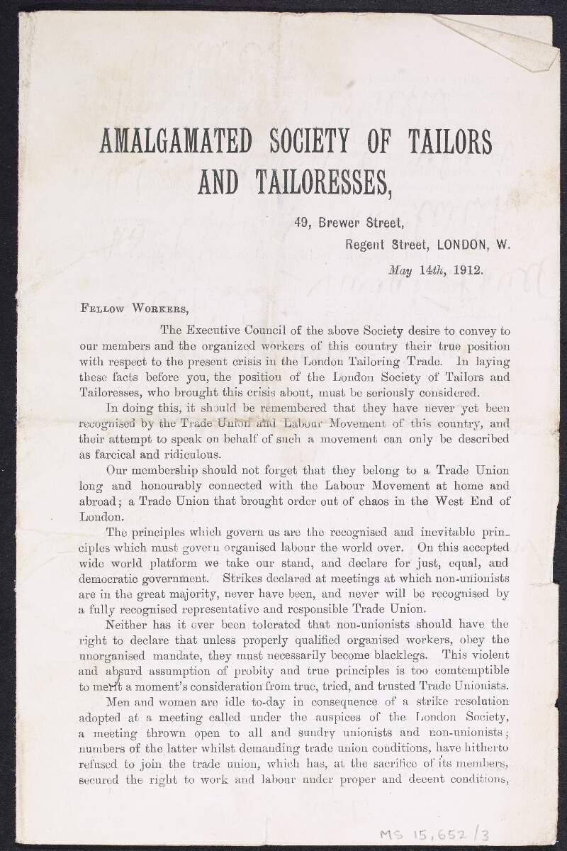 Open letter from the Amalgamated Society of Tailors executive council, concerning the state of the tailoring trade in Great Britain and the Society's efforts to mitigate the situation,