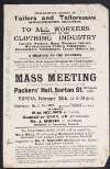 Flyer advertising a mass meeting of clothing trade employees at Packers' Hall, Sorton Street, Manchester, organised by the local Amalgamated Society of Tailors and Tailoresses branch,