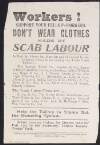 Flyer discouraging the purchase of clothing made by "scab labour" and listing businesses which do, and do not, employ trade union tailors,