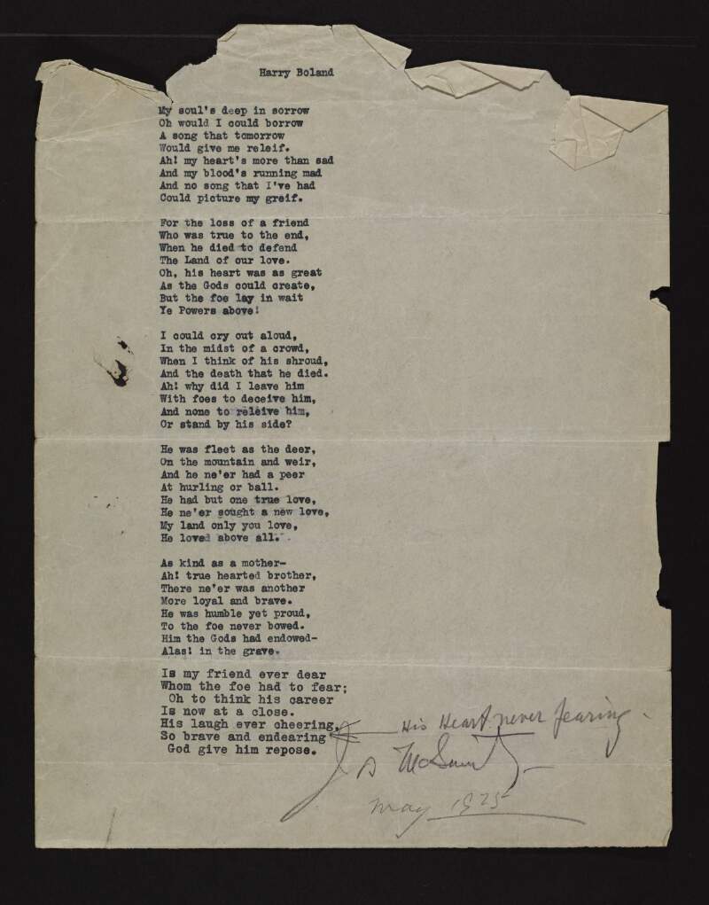 Poem "Harry Boland" by Joseph McGarrity,