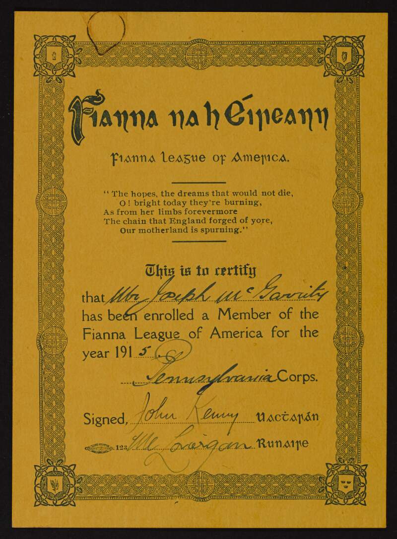 Joseph McGarrity's membership card for 'Fianna na hÉireann : Fianna League of America',