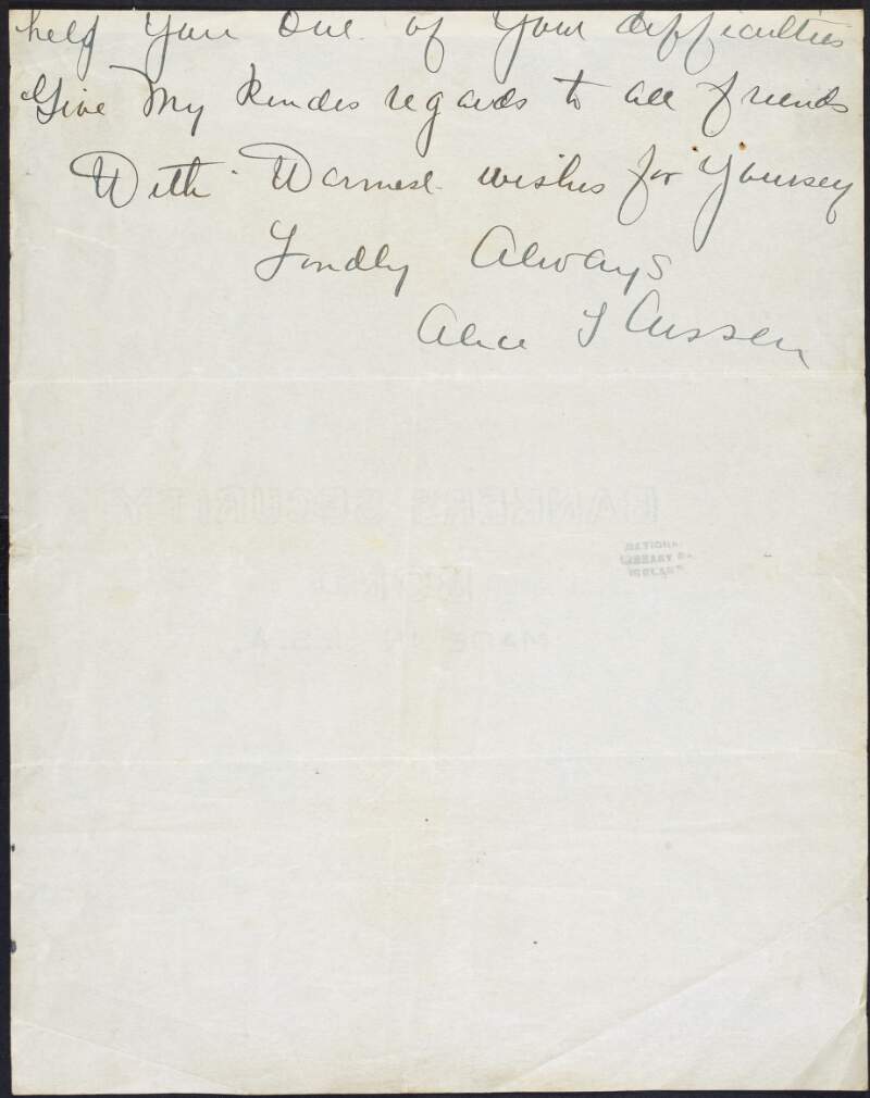 Partial letter from Alice T. Cussen, San Francisco, to Margaret Pearse regarding donations to St. Enda's School and hoping to help her over her difficulties,