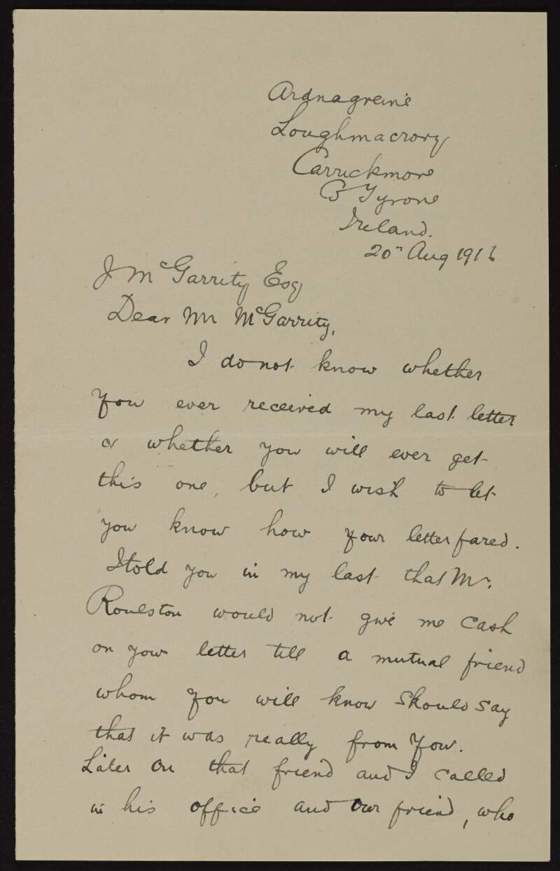 Letter from Patrick MacDonald (Carrickmore, Co. Tyrone) to Joseph McGarrity regarding a window for the local church dedicated to McGarrity's parents, John and Catherine McGarrity,