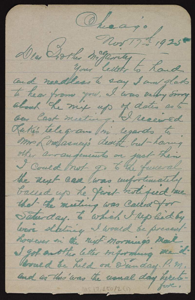 Letter from Michael H. Enright to Joseph McGarrity regarding the organisation of a meeting,