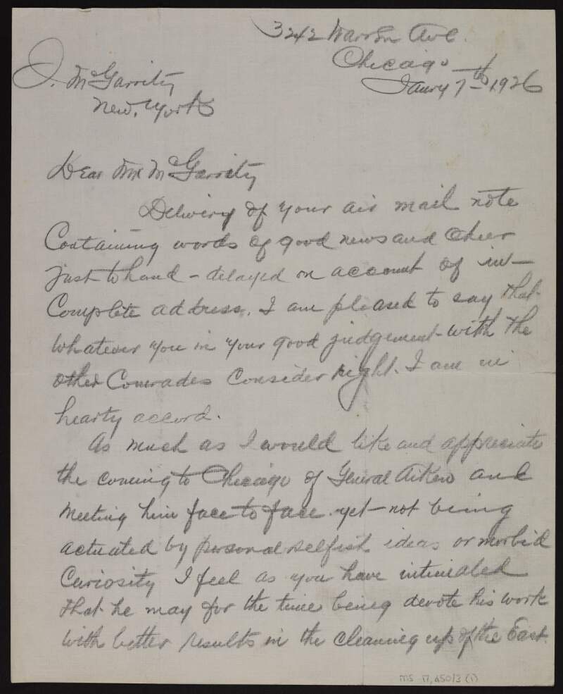 Letter from Michael H. Enright to Joseph McGarrity regarding the visit of General Aiken to Chicago,