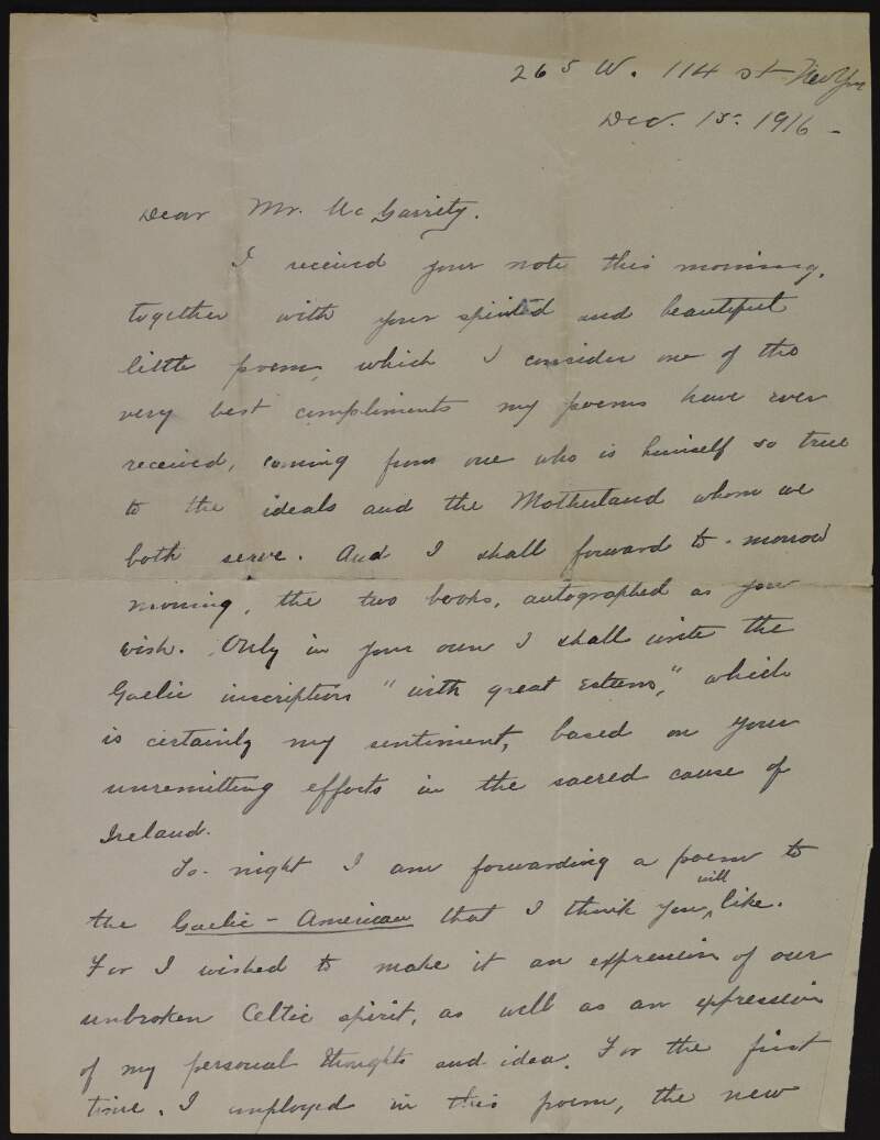 Letter from Eleanor Rogers Cox to Joseph McGarrity discussing both hers and McGarrity's poetry,