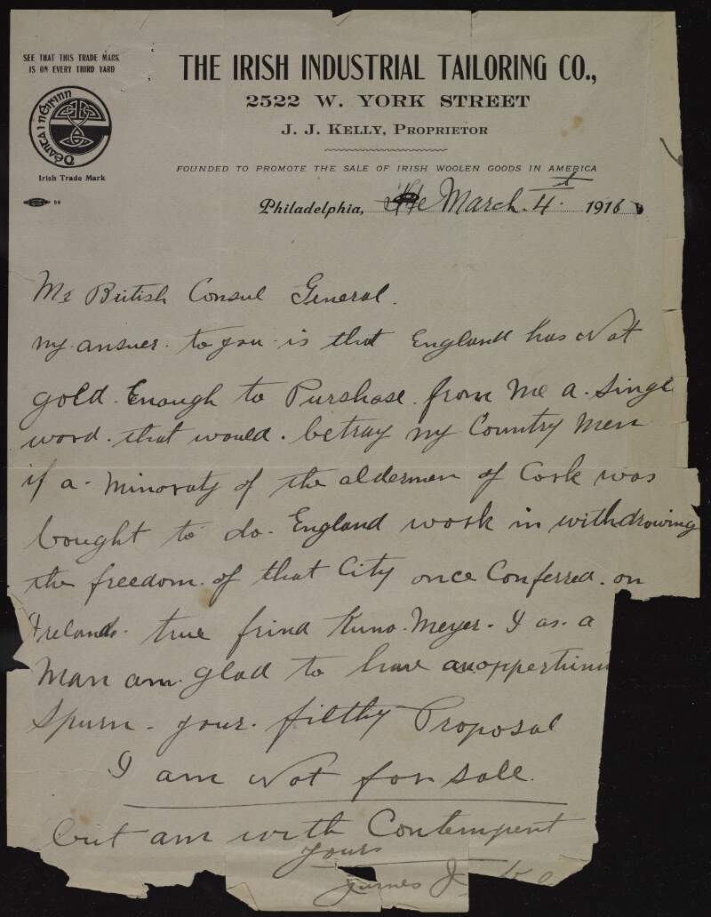 Letter from James J. Kelly to the British Consul General protesting against the revoking of the freedom of Cork to Kuno Meyer and refusing to support the move,