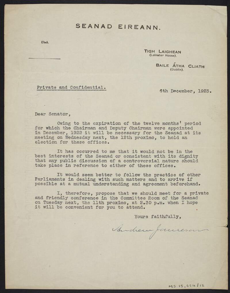 Letter from Senator Andrew Jameson to Senator [Thomas Farren] requesting a private meeting with regard to the election of a new Chairman and Deputy Chairman for the Seanad,